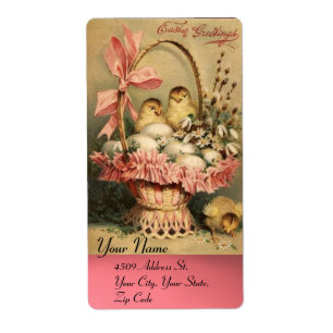 ÉTIQUETTE SOL ÉLÉGANT, POULET, FLEURS ET OEUFS DE PÂQUES
