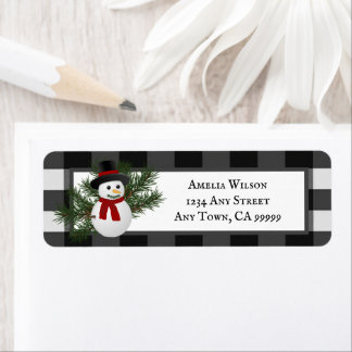 Étiquette Sourire Snowman Buffalo Plaid Adresse de retour