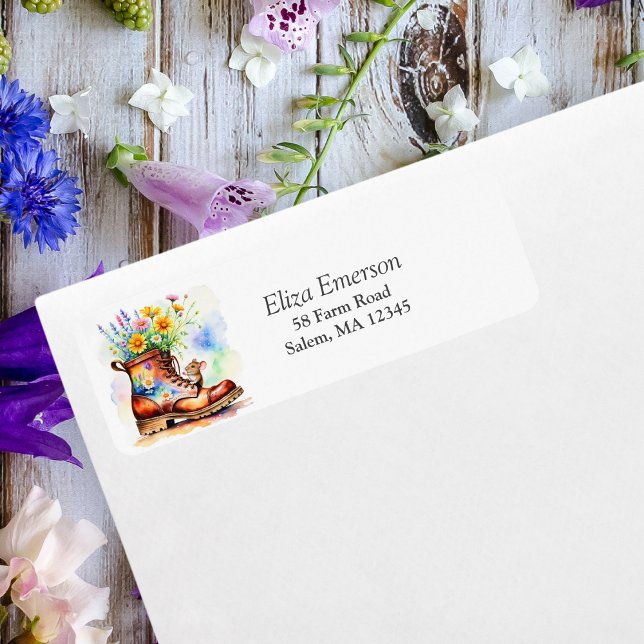 Étiquette Souris aquarelle avec démarrage Fleur sauvage (A lovely country themed return  address label that was created by ai artwork.)