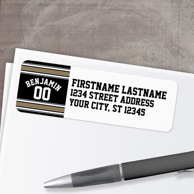 Étiquette Sports Jersey Black and Gold Strips Nom Numéro (Personalized Return Address Label)