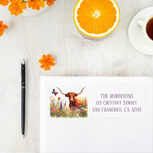 Étiquette Spring Watercolor Texas Longhorn Adresse de retour