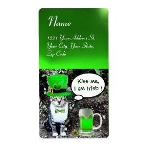 ÉTIQUETTE ST PATRICK'S  DAY CAT  WITH GREEN IRISH BEER