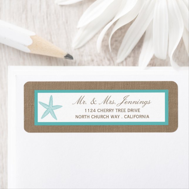 Étiquette Starfish Turquoise Burlap Beach Wedding Collection (En situation)