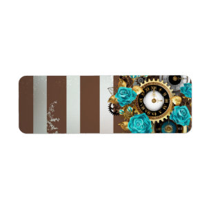 Étiquette Steampunk Clock and Turquoise Roses on Striped