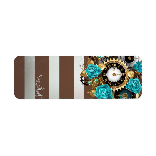 Étiquette Steampunk Clock and Turquoise Roses on Striped (Devant)