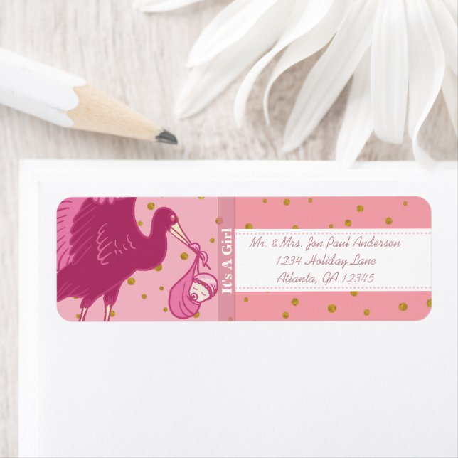 Étiquette Stork Nouveau bébé C'est une fille avec des points (En situation)