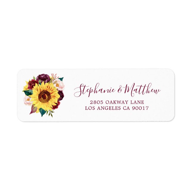 Étiquette Sunflower Bourgogne Floral Script Mariage Adresse (Devant)