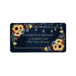 Étiquette Sunflower Navy Blue Burgundy Wood Floral Adresse