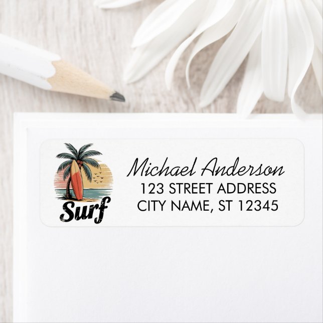 Étiquette Surf Surfing Beach Surfboard Return Address   (En situation)
