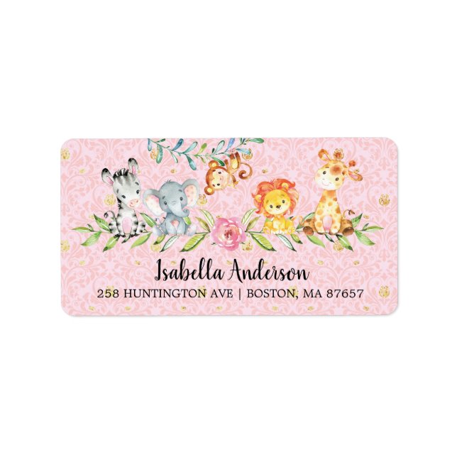 Étiquette Sweet Safari Animaux Filles Baby shower Adresse (Devant)