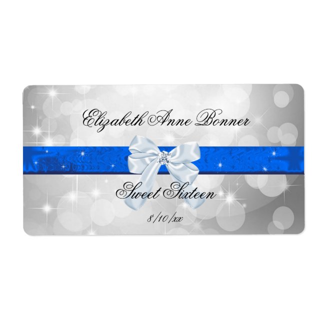Étiquette Sweet sixteen, Argent, Bleu, Faux Satin (Devant)