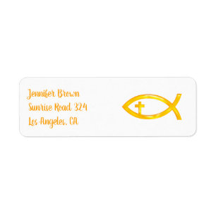 Étiquette Symbole de poisson chrétien d'or avec Crucifix