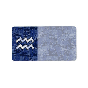Étiquette Symbole Zodiaque Aquarius sur camo numérique bleu