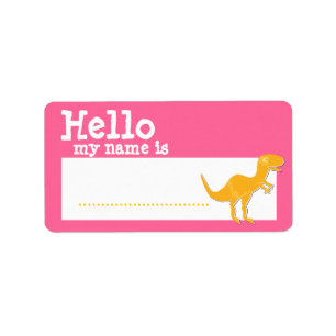 Étiquette T-Rex orange bonjour mon nom est rose de badge
