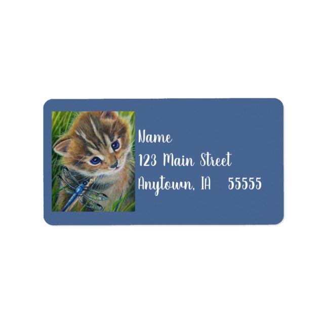 Étiquette Tabby Kitten Brown & Dragonfly Watercolor Art (Devant)