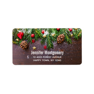 Étiquette Table de Noël rustique avec pin et neige