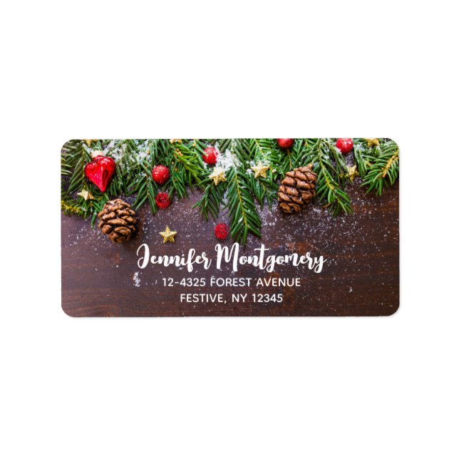 Étiquette Table de Noël rustique avec pin et neige (Devant)