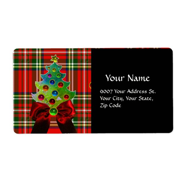 ÉTIQUETTE TARTAN ÉCOSSAIS, BOIS ROUGE ET ARBRE DE NOËL (Devant)