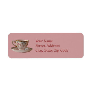 Étiquette Tasse de thé et soucoupe roses avec des roses