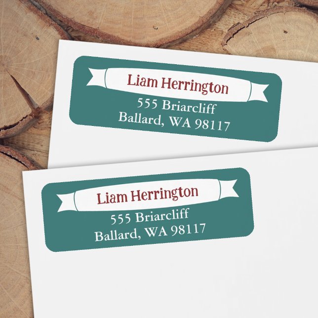 Étiquette Teal Green & Burgundy Address Label with Banner (teal green and burgundy red return address labels for envelopes)