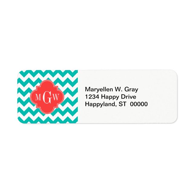 Étiquette Teal White Chevron Coral Quatrefoil 3 monogram (Devant)