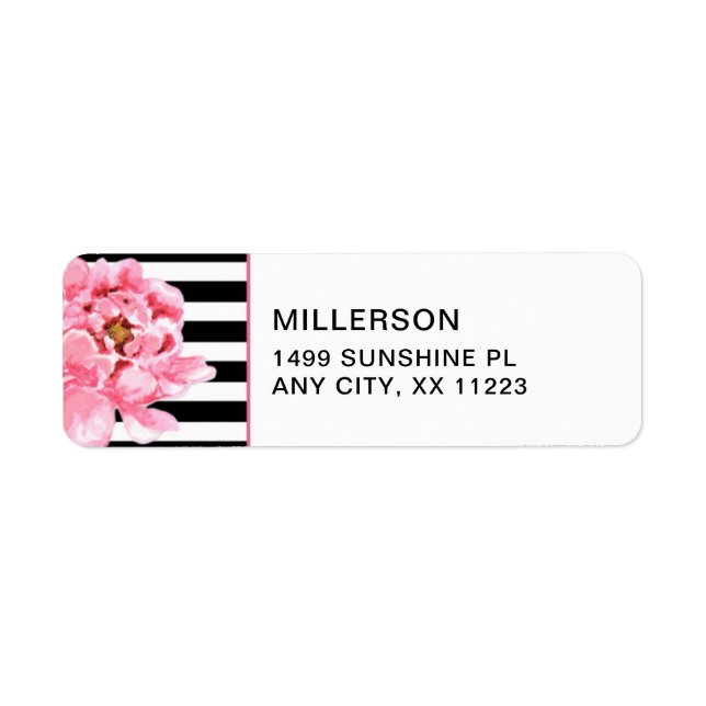 Étiquette Tendance Pink Peonies + noir blanc rayures adresse (Devant)