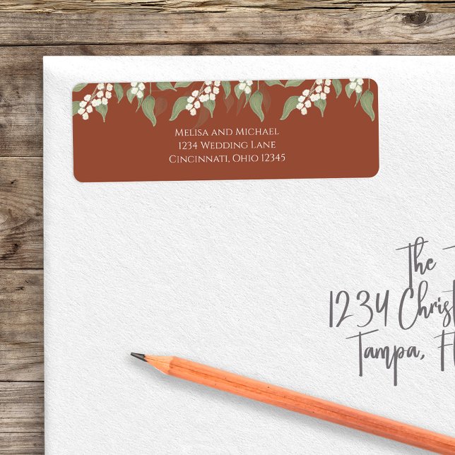 Étiquette Terracotta Floral Aquarelle Verdure Foliage (Terracotta and elegant greenery return address label.)