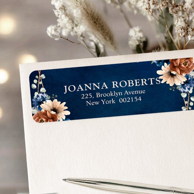 Étiquette Terracotta Marine Bleu Vert Mariage géométrique La (Terracotta Navy Blue Greenery Geometric Wedding return address label)