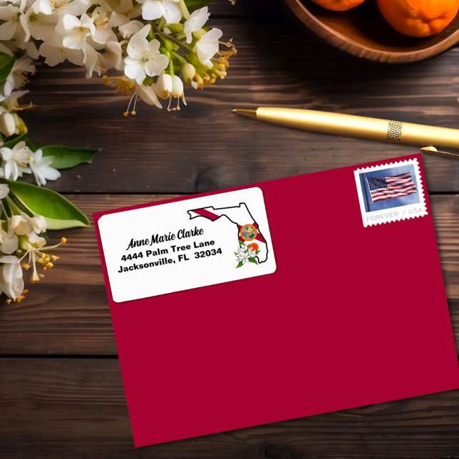 Étiquette Texte personnalisé Floride Drapeau & Fleur Orange  (Créateur téléchargé)