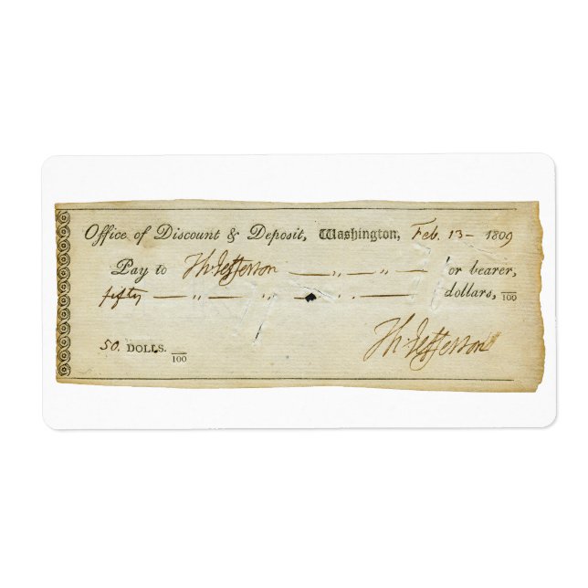Étiquette Thomas Jefferson Signature sur chèque bancaire 180 (Devant)