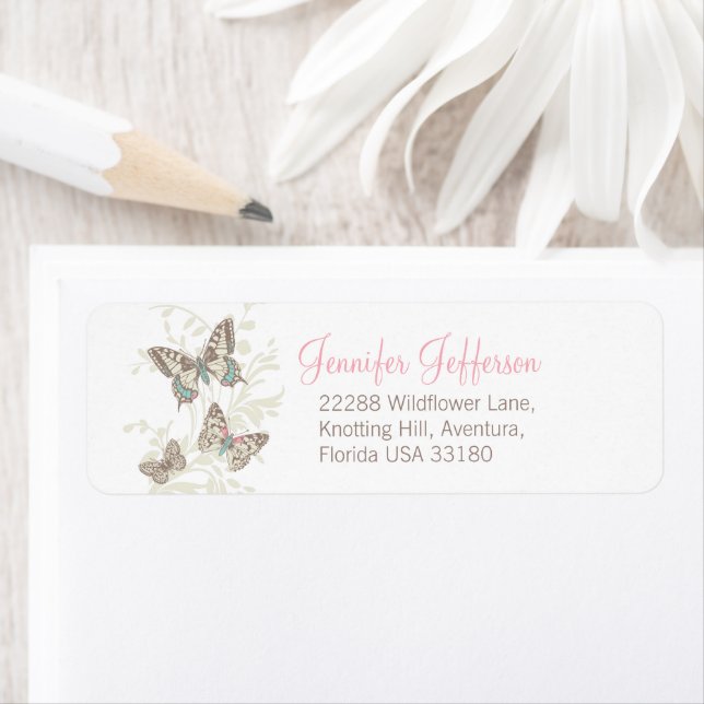 Étiquette Three butterflies inked art pink wedding (En situation)