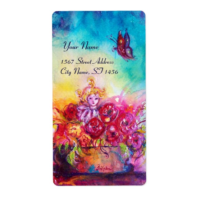 ÉTIQUETTE THUMBELINA, PANIER À FLEURS ET BOUTEILLE (Devant)