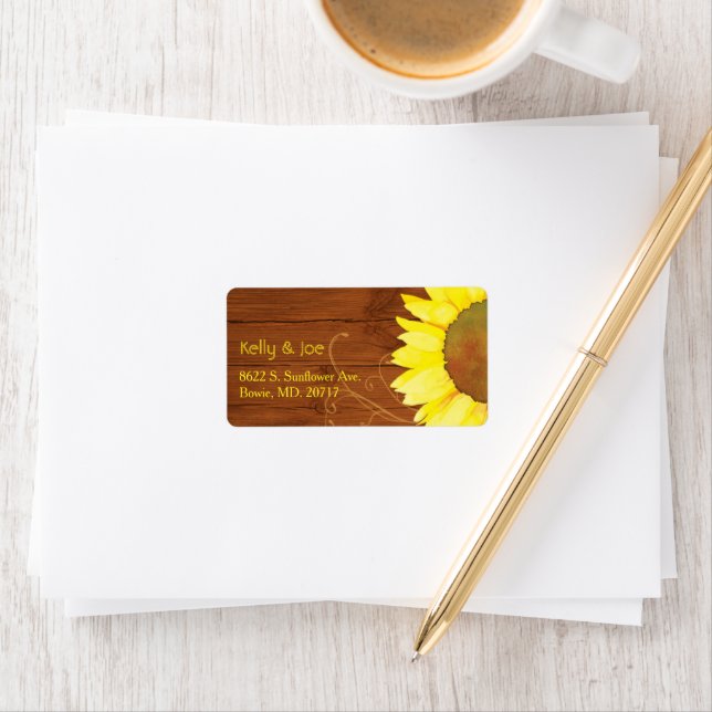 Étiquette Tournesol d'aquarelle sur bois Adresse Mariage (En situation)