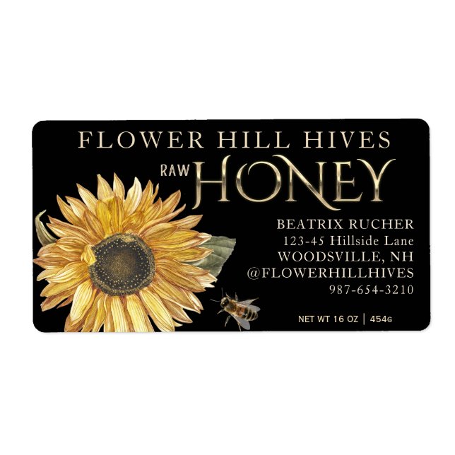 Étiquette Tournesol de miel noir avec l'or d'abeille sur noi (Devant)