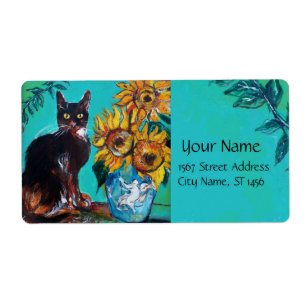 ÉTIQUETTE TOURNESOLS AVEC LE CAT NOIR EN TURQUOISE BLEUE