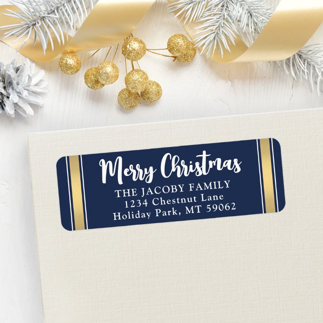 Étiquette Tout texte Marine Blue & Gold Christmas Adresse de (Créateur téléchargé)