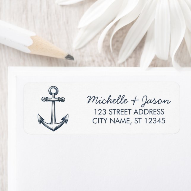 Étiquette Trendy Blue Nautical Anchor Wedding Return Address (En situation)