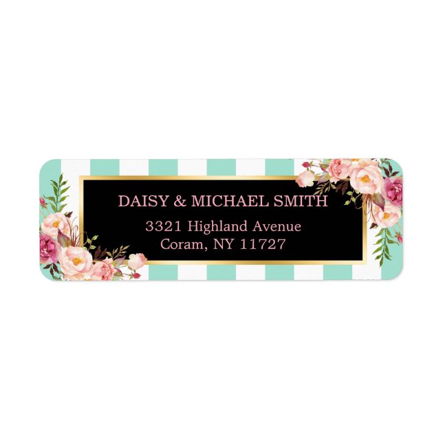 Étiquette Trendy Mint Green Stripes Pink Flowers Enveloppeme (Devant)
