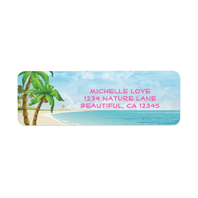 Étiquette Tropical Beach, Palm Trees and Pink Text Adresse (Devant)
