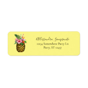 Étiquette Tropical Floral & Ananas Jaune 2 Adresse de retour