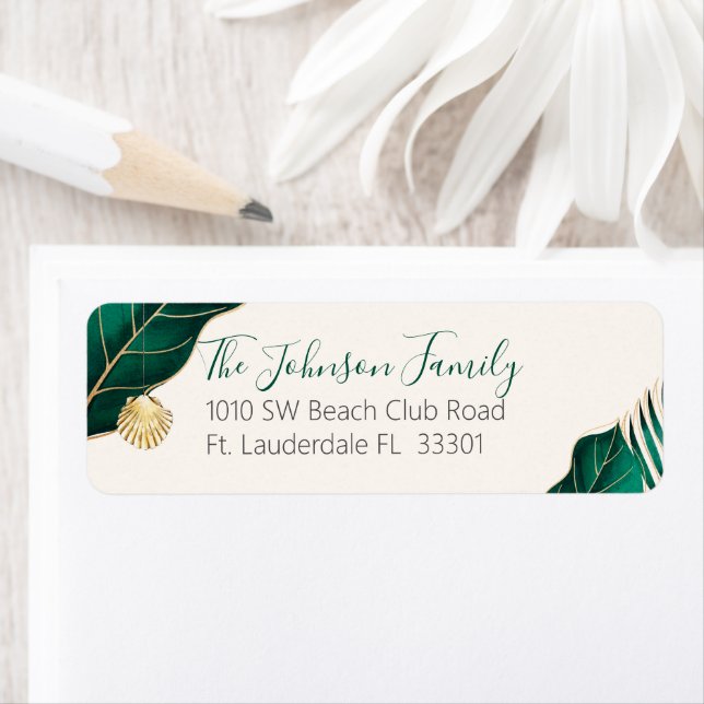 Étiquette Tropical Green Gold & Ivory Holiday Adresse de ret (En situation)