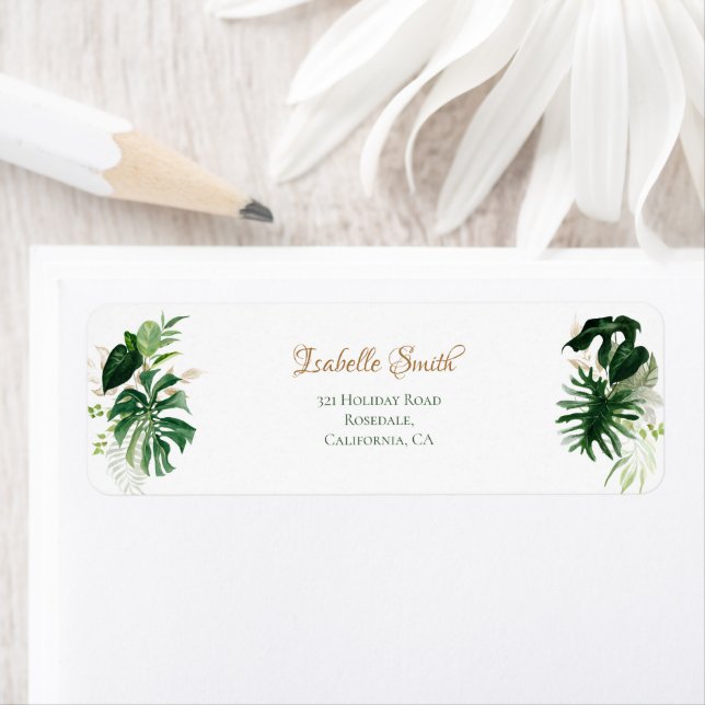 Étiquette Tropical Green & Gold Monstera Feuilles RSVP RTS (En situation)