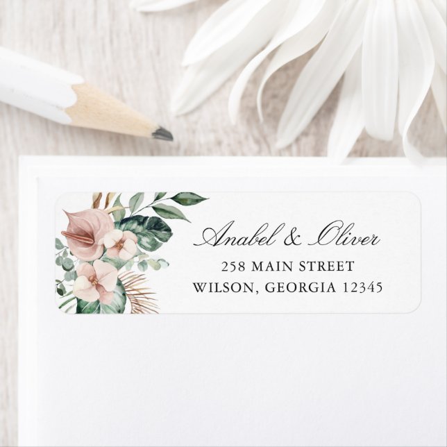 Étiquette Tropical Palm Greenery Blush Floral Adresse de ret (En situation)
