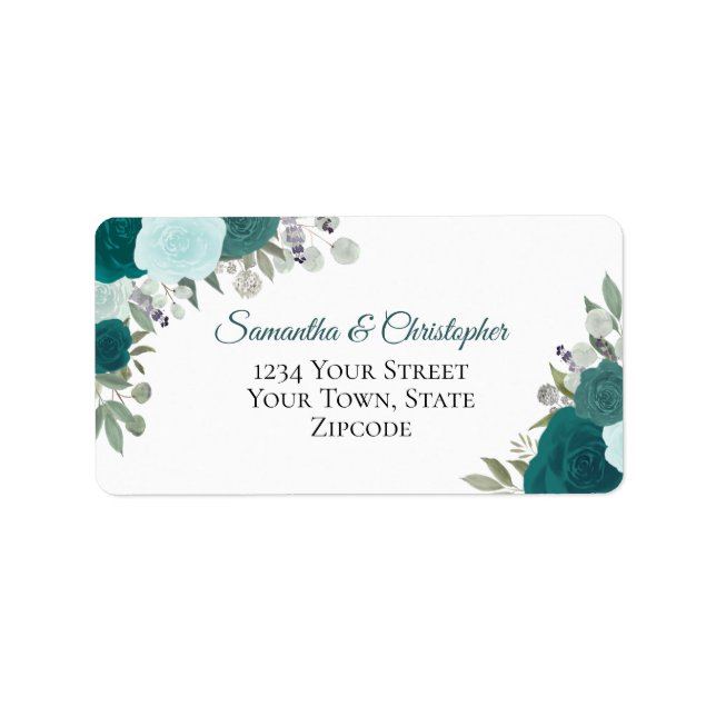 Étiquette Turquoise Aquarelle Roses Élégant Mariage Adresse (Devant)