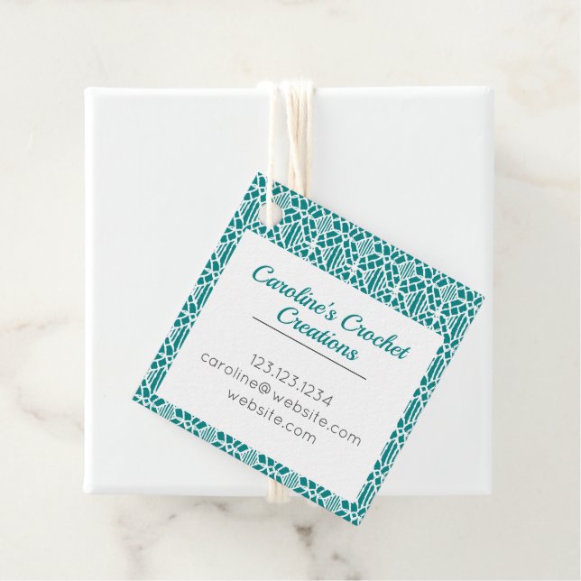 Étiquette turquoise avec Motif de dentelle Crochet (En situation)