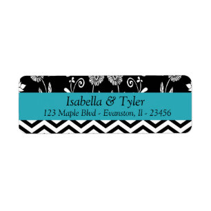 Étiquette Turquoise Blue and Black Floral Adresse de retour