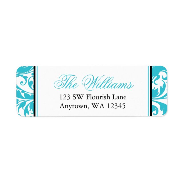 Étiquette Turquoise Blue Swirl Damask Adresse de retour (Devant)