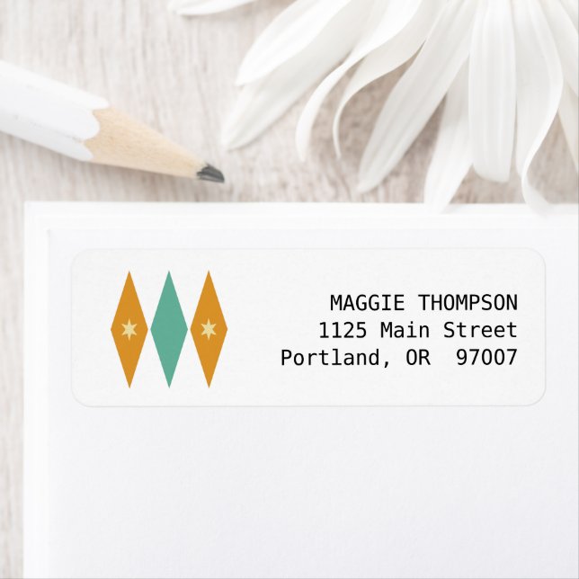 Étiquette Turquoise Orange Cream Stars Diamonds Mi-siècle (En situation)