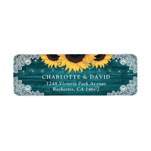 Étiquette Turquoise Rustic Wood Sunflower Adresse de retour (Devant)