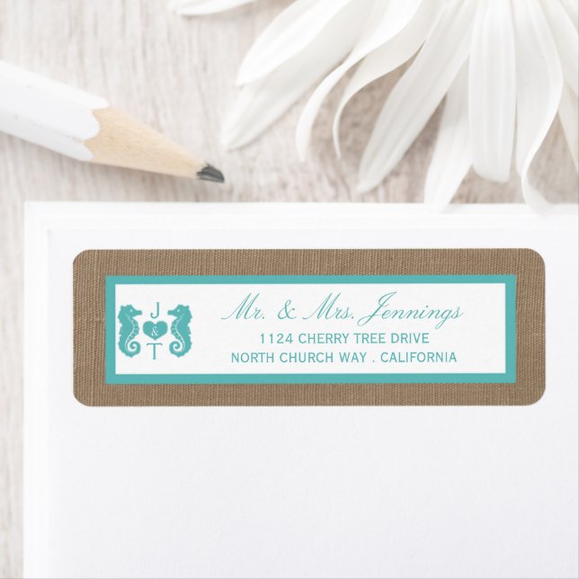 Étiquette Turquoise Seahorse Burlap Beach Wedding Collection (En situation)